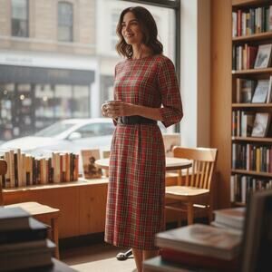 Vintage Red Plaid Midi Dress with Belt by Clues Collections, Size 8, NY & Paris